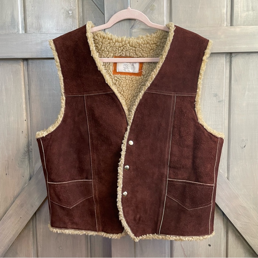 VTG Men’s 100% Leather and Sherpa Vest Brown 70’s western cowboy rancher